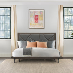 Marquis King Size Platform Bed Frame in Oak Wood with Faux Leather Headboard and Black Metal Legs By Armen Living