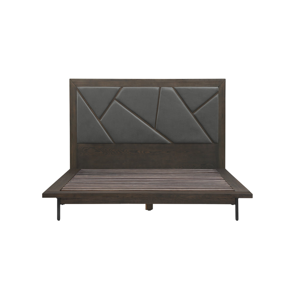 Marquis Queen Size Platform Bed Frame in Oak Wood with Faux Leather Headboard and Black Metal Legs By Armen Living | Beds | Modishstore - 2
