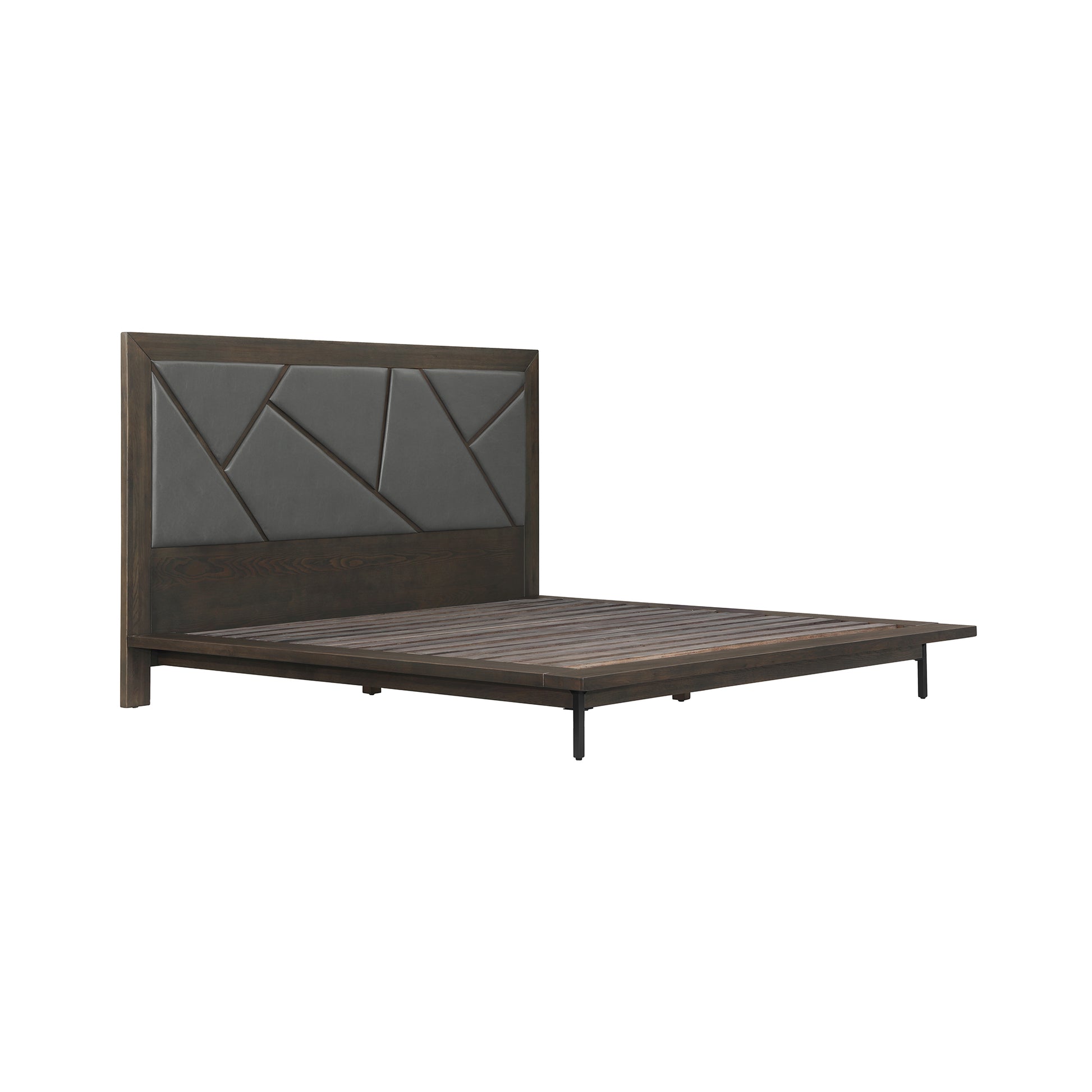 Marquis Queen Size Platform Bed Frame in Oak Wood with Faux Leather Headboard and Black Metal Legs By Armen Living | Beds | Modishstore - 4