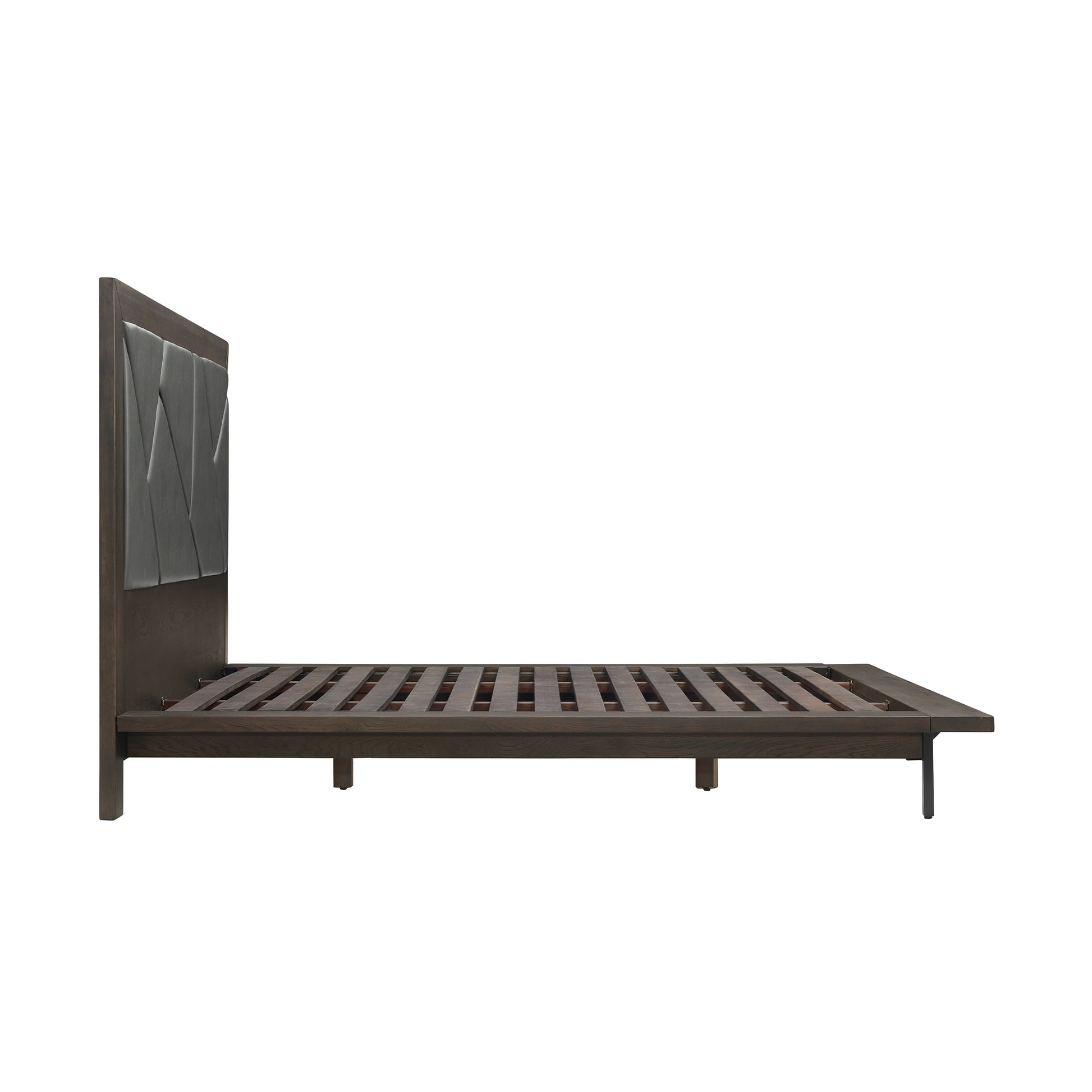 Marquis Queen Size Platform Bed Frame in Oak Wood with Faux Leather Headboard and Black Metal Legs By Armen Living | Beds | Modishstore - 5