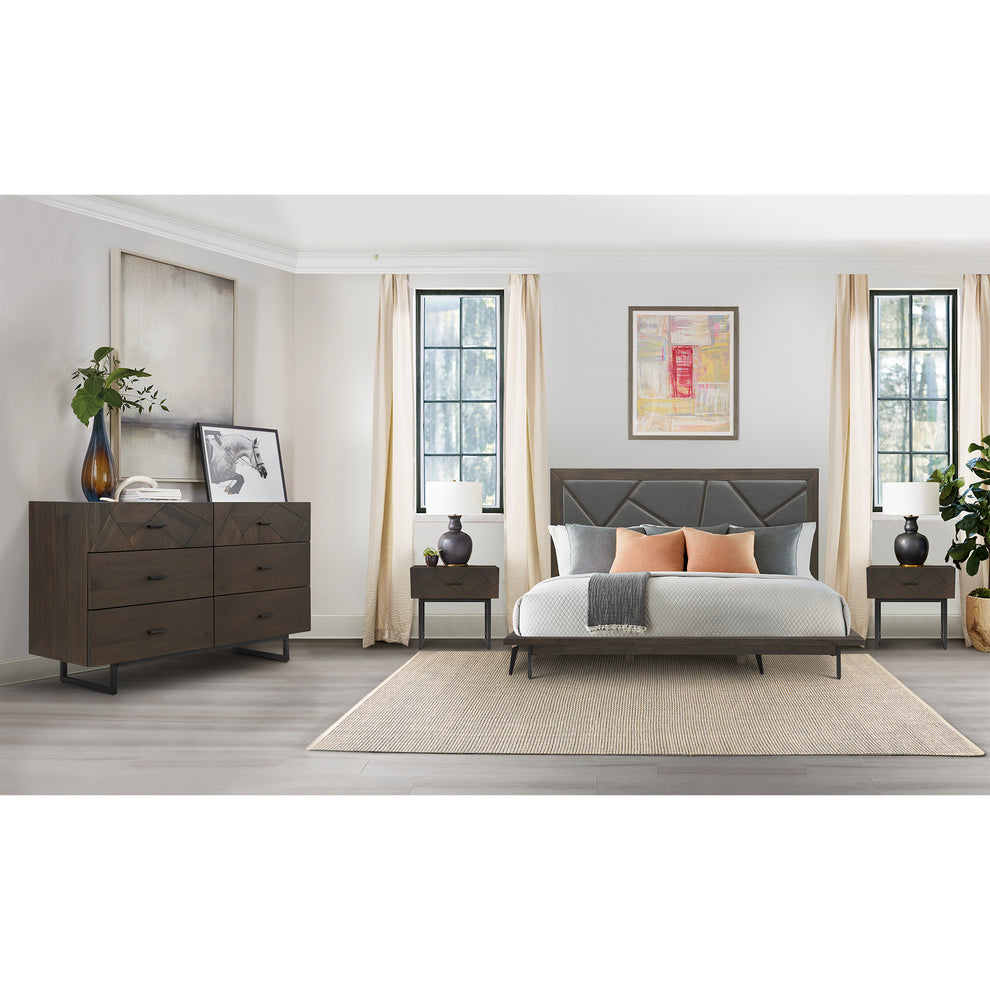 Marquis Queen Size Platform Bed Frame in Oak Wood with Faux Leather Headboard and Black Metal Legs By Armen Living | Beds | Modishstore - 3