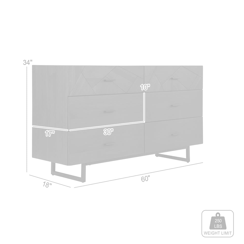 Marquis 6 Drawer Oak Wood Dresser with Black Metal Legs By Armen Living | Dressers | Modishstore - 10
