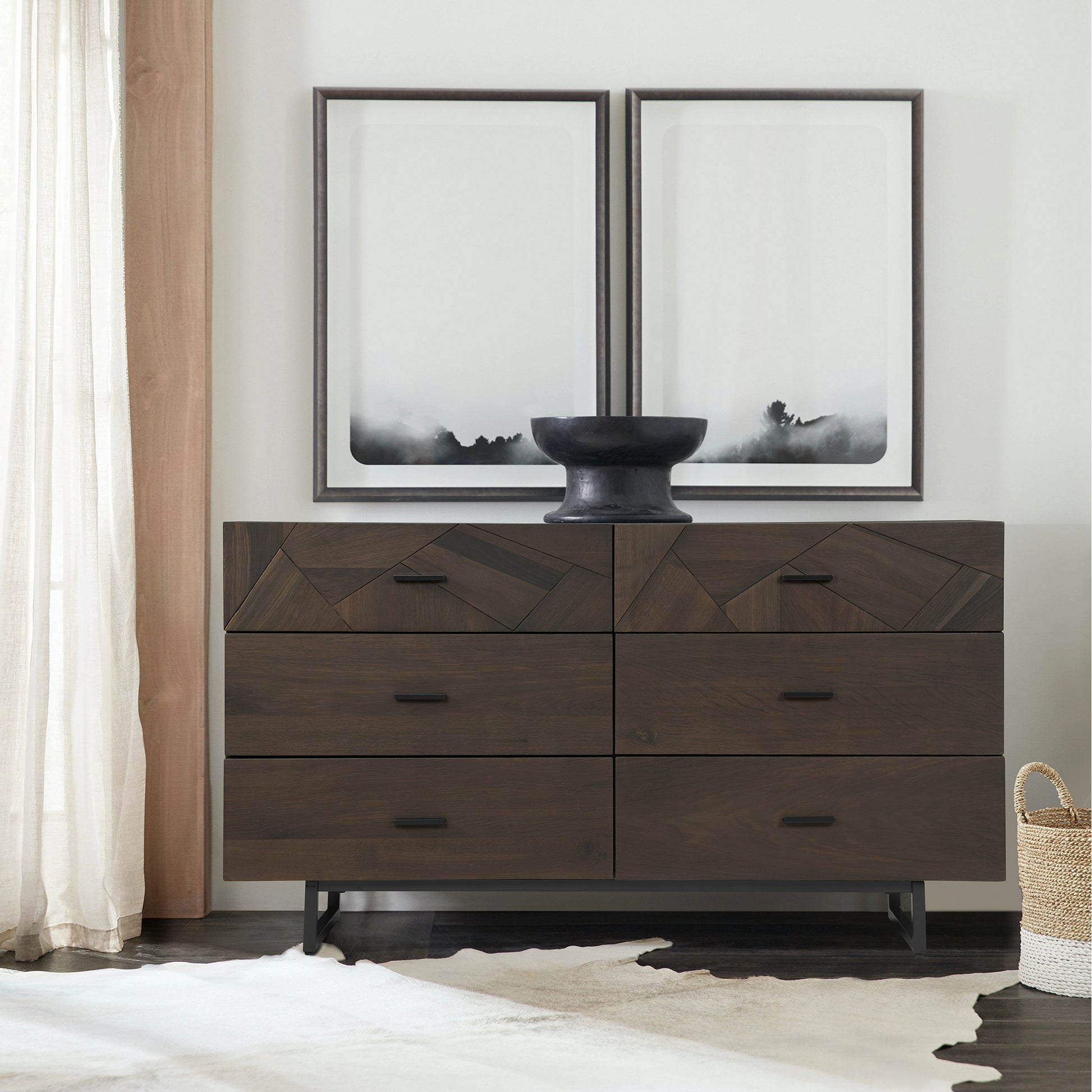 Marquis 6 Drawer Oak Wood Dresser with Black Metal Legs - Armen Living LCMUDRGR