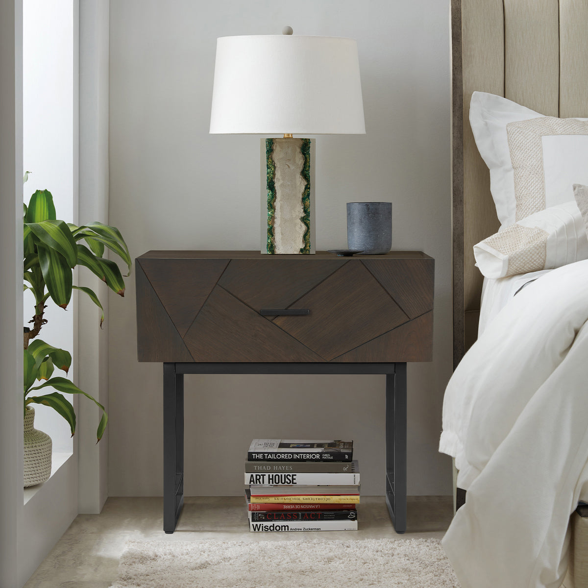 Marquis 1 Drawer Oak Wood Nighstand with Black Metal Legs By Armen Living | Nightstands | Modishstore