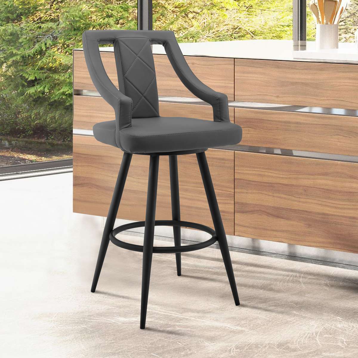 Maxen 26" Gray Faux Leather and Black Metal Swivel Bar Stool By Armen Living | Bar Stools |  Modishstore 