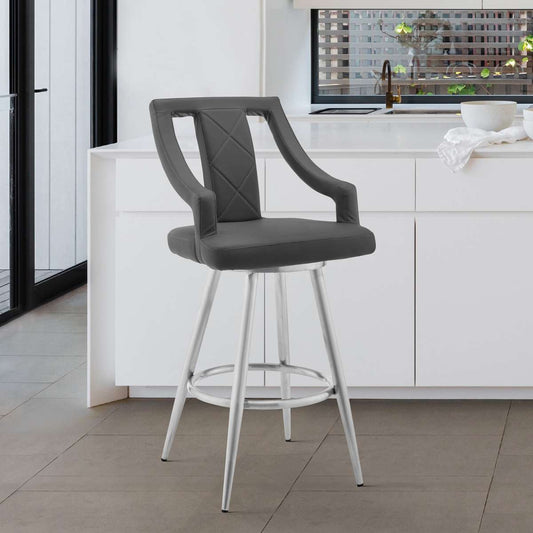 Maxen 26" Gray Faux Leather and Brushed Stainless Steel Swivel Bar Stool By Armen Living | Bar Stools | Modishstore