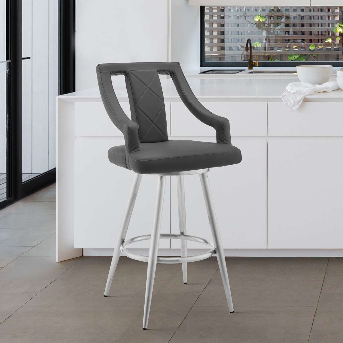 Maxen 30" Gray Faux Leather and Brushed Stainless Steel Swivel Bar Stool By Armen Living | Bar Stools |  Modishstore 