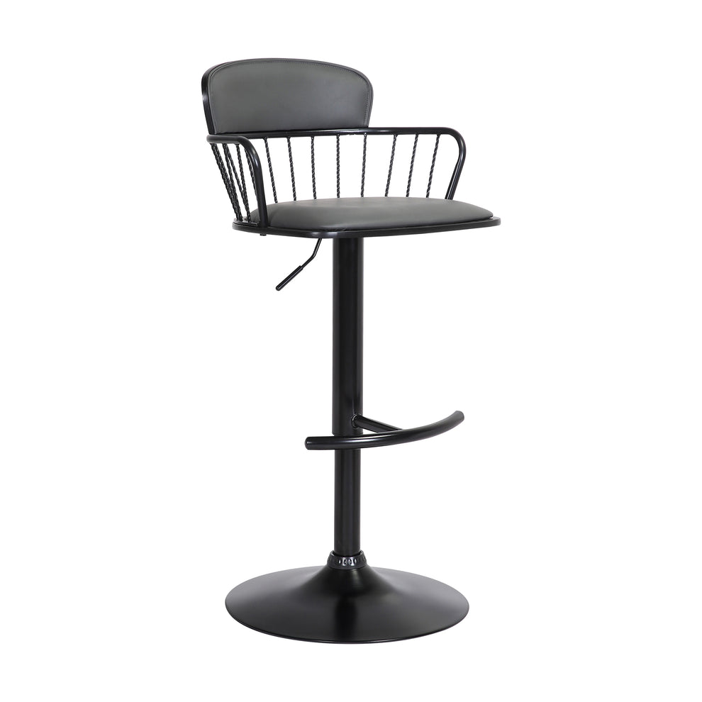 Nash Adjustable Black Wood Bar Stool in Grey Faux Leather with Black Metal By Armen Living | Bar Stools | Modishstore - 2