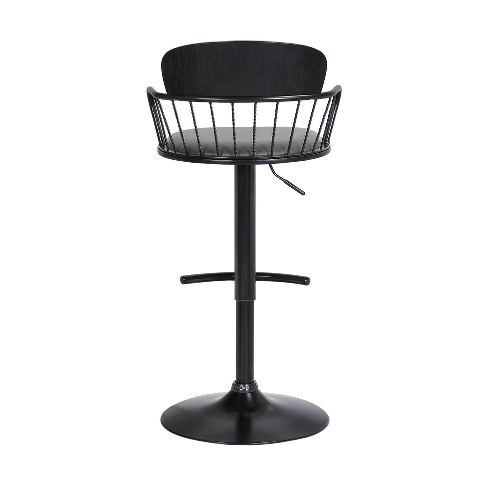 Nash Adjustable Black Wood Bar Stool in Grey Faux Leather with Black Metal By Armen Living | Bar Stools | Modishstore - 6