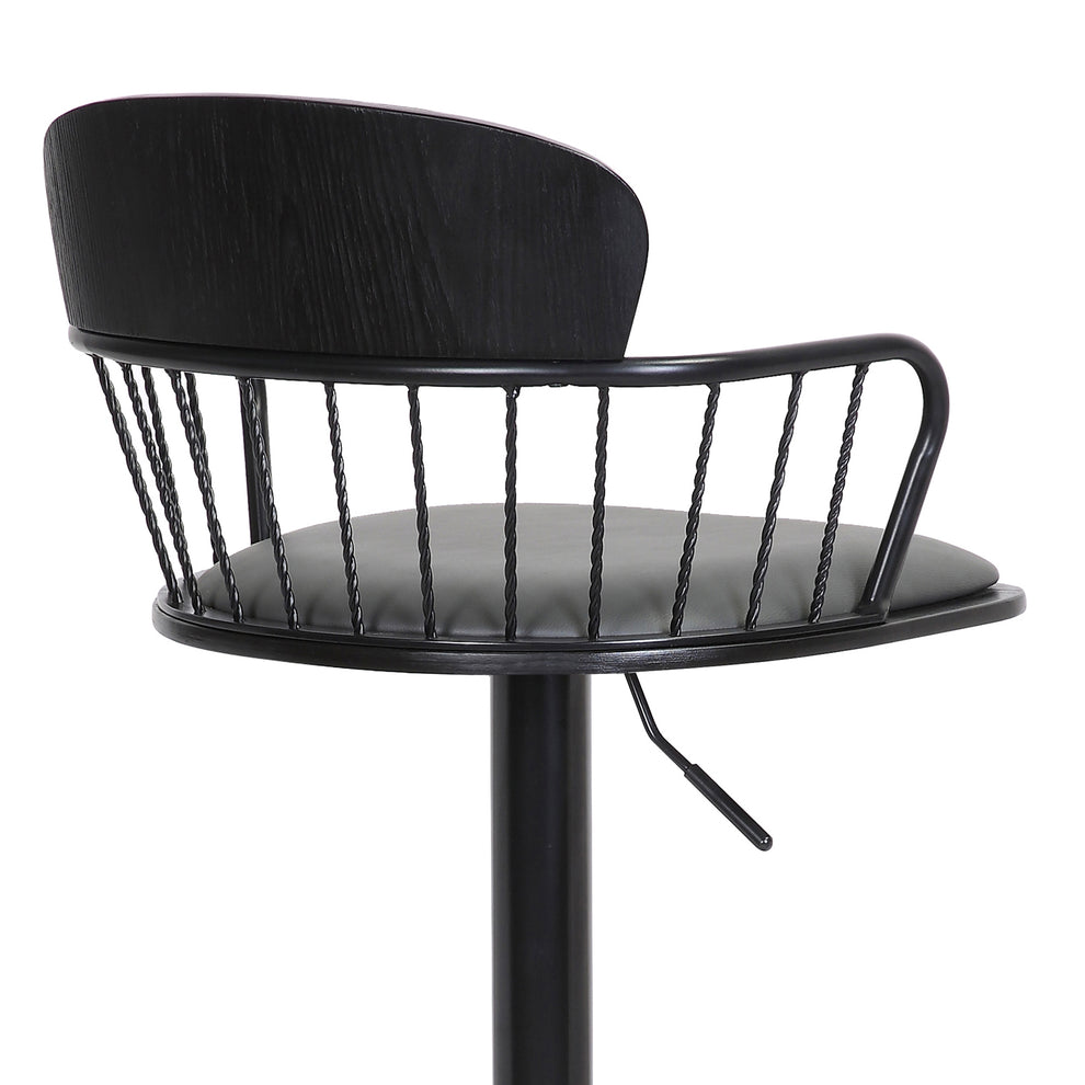 Nash Adjustable Black Wood Bar Stool in Grey Faux Leather with Black Metal By Armen Living | Bar Stools | Modishstore - 10