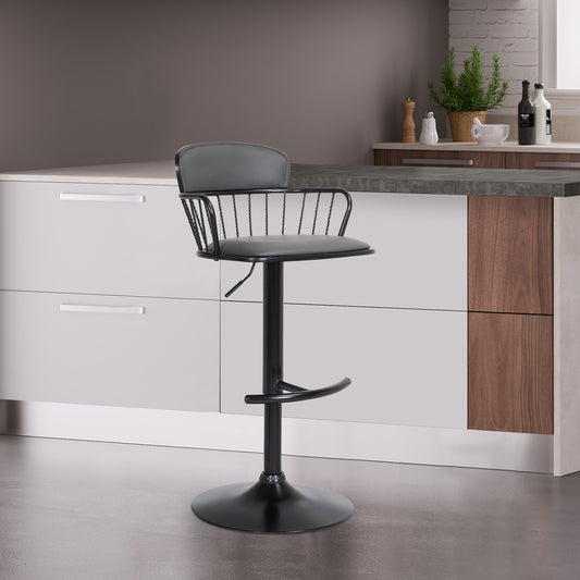Nash Adjustable Black Wood Bar Stool in Grey Faux Leather with Black Metal By Armen Living | Bar Stools | Modishstore