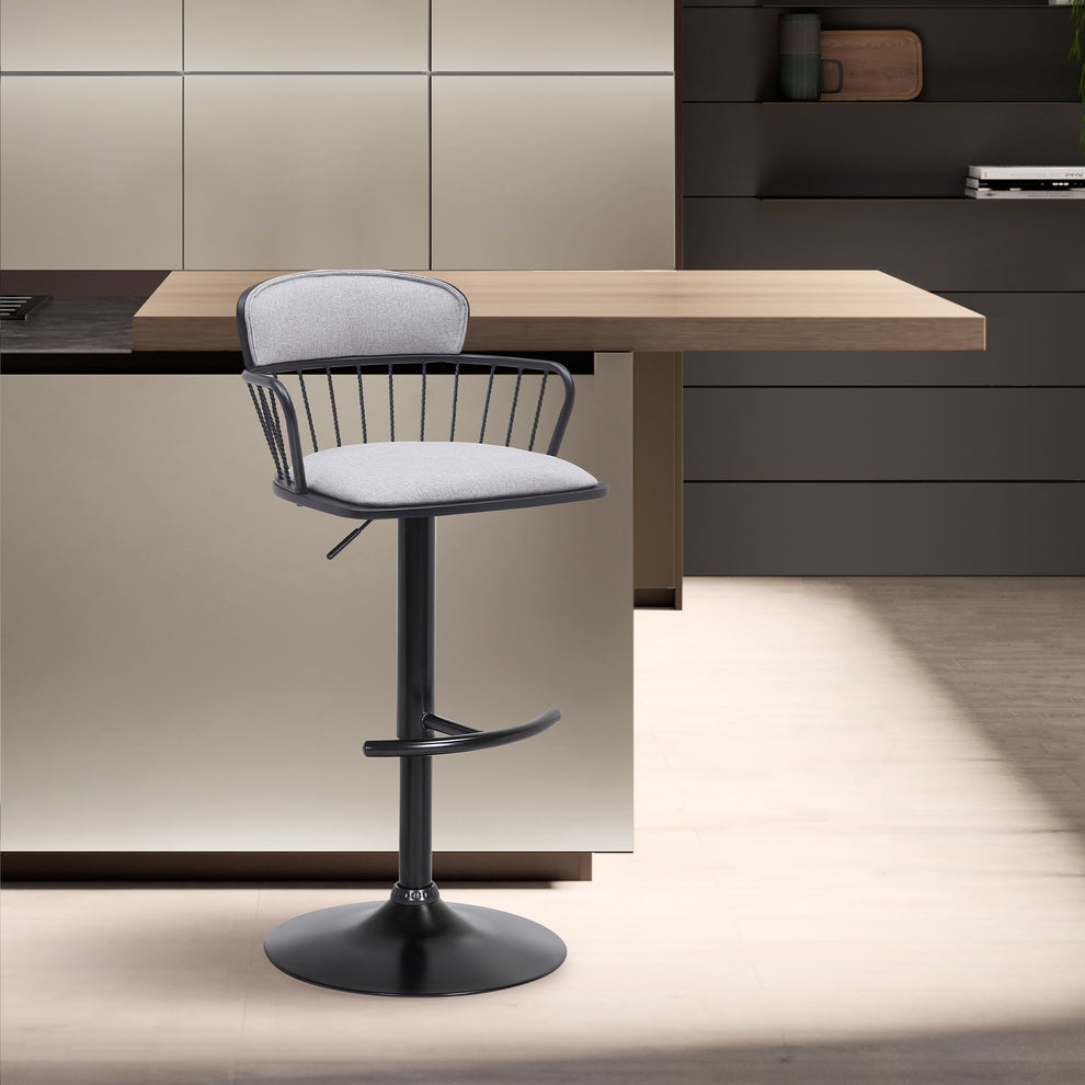 Nash Adjustable Black Wood Bar Stool in Light Gray Fabric with Black Metal By Armen Living | Bar Stools | Modishstore