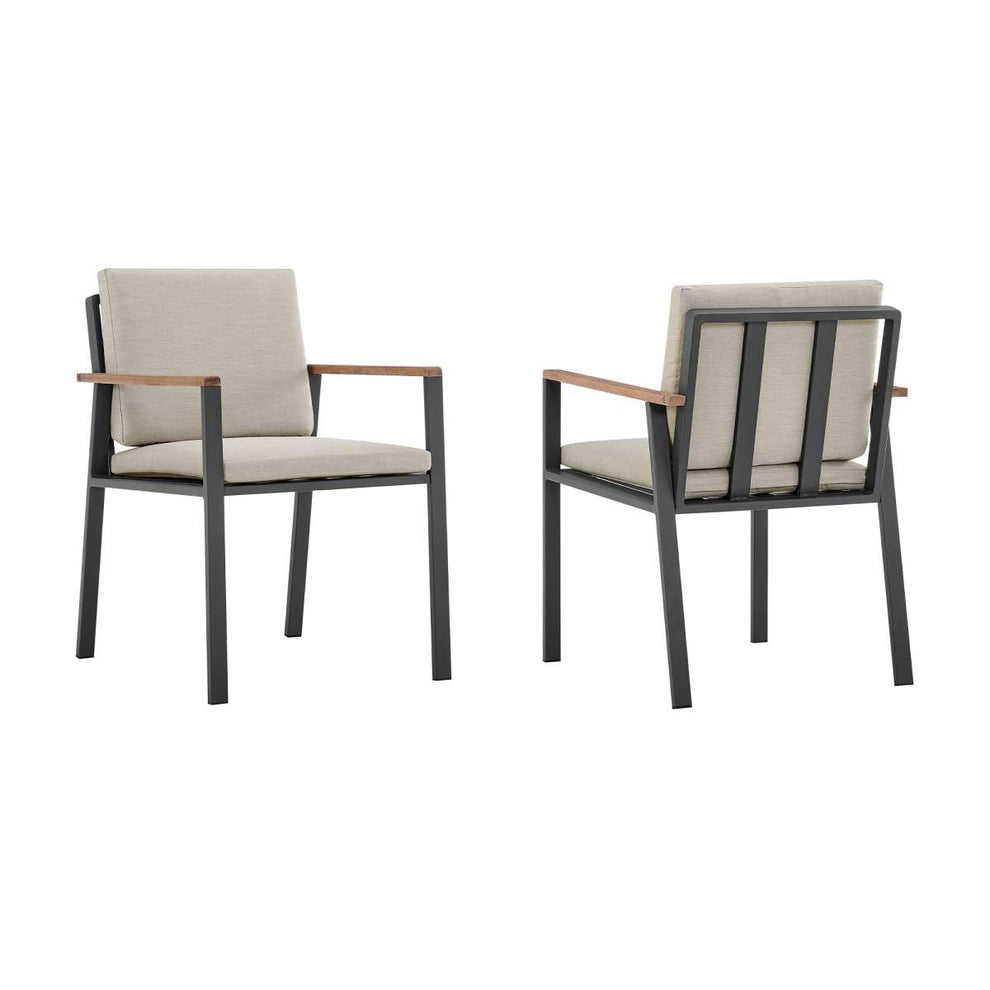Nofi Outdoor Patio Dining Chair in Charcoal Finish with Taupe Cushions and Teak Wood Accent Arms  - Set of 2 By Armen Living | Outdoor Chairs |  Modishstore  - 2