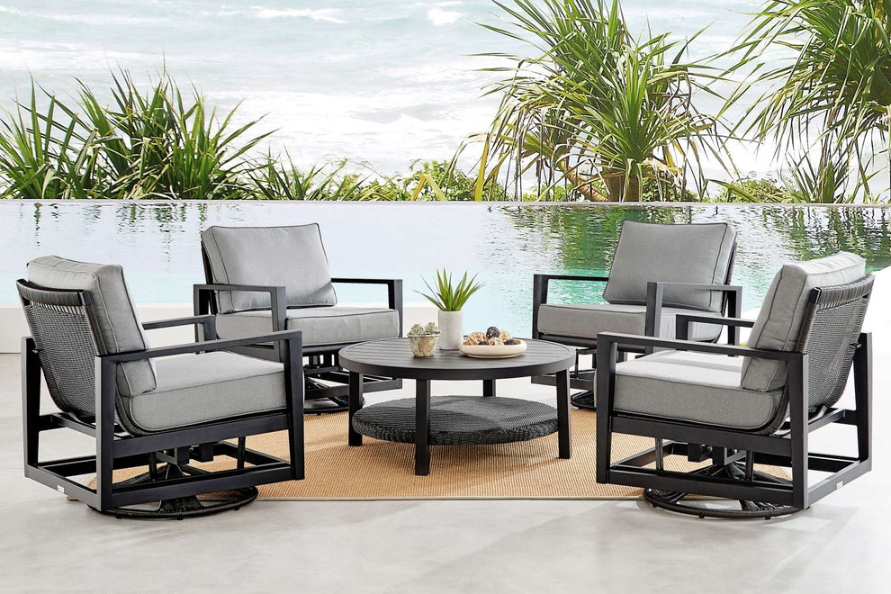 Cayman Black Aluminum Outdoor Round Conversation Table with Wicker Shelf By Armen Living | Outdoor Tables |  Modishstore 