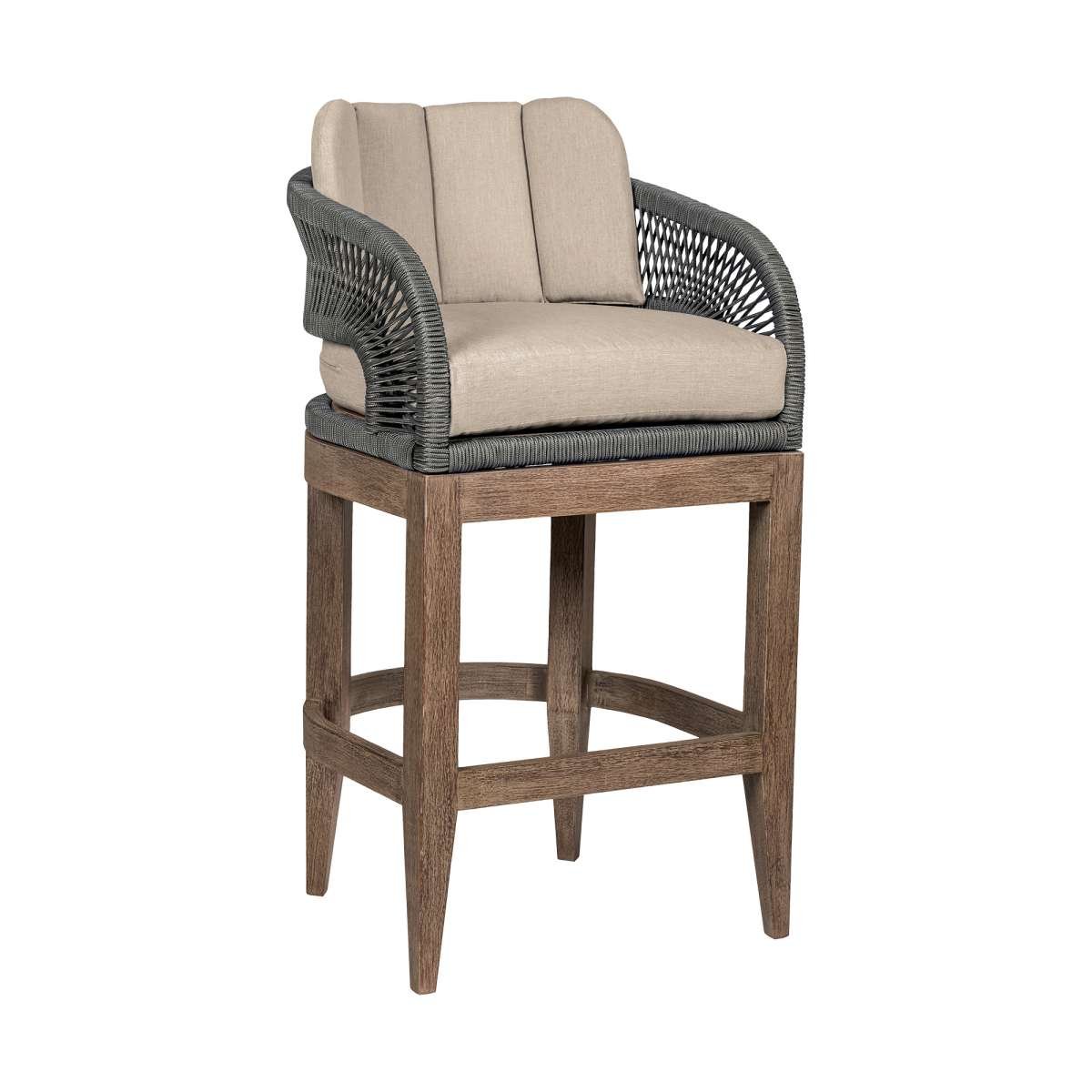 Orbit Outdoor Patio 30" Bar Stool in Weathered Eucalyptus Wood with Gray Rope and Taupe Olefin Cushions By Armen Living | Bar Stools | Modishstore - 2