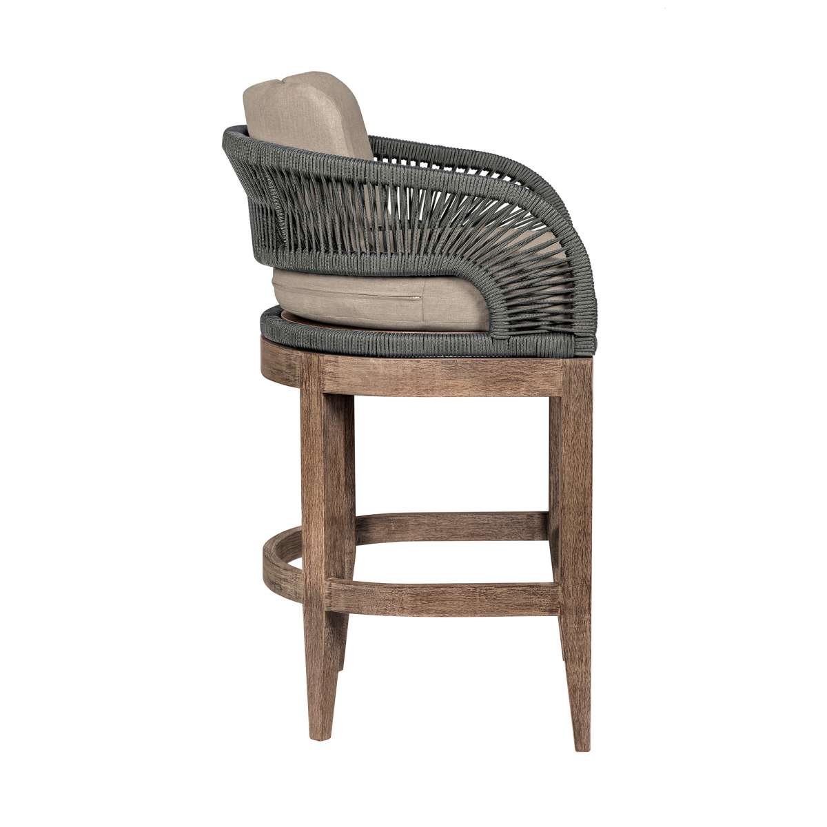 Orbit Outdoor Patio 30" Bar Stool in Weathered Eucalyptus Wood with Gray Rope and Taupe Olefin Cushions By Armen Living | Bar Stools | Modishstore - 3
