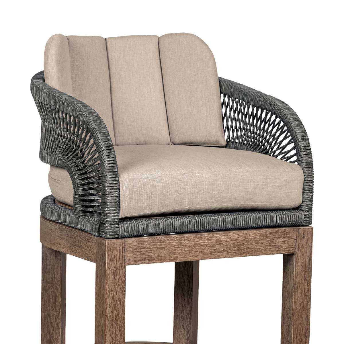 Orbit Outdoor Patio 30" Bar Stool in Weathered Eucalyptus Wood with Gray Rope and Taupe Olefin Cushions By Armen Living | Bar Stools | Modishstore - 5