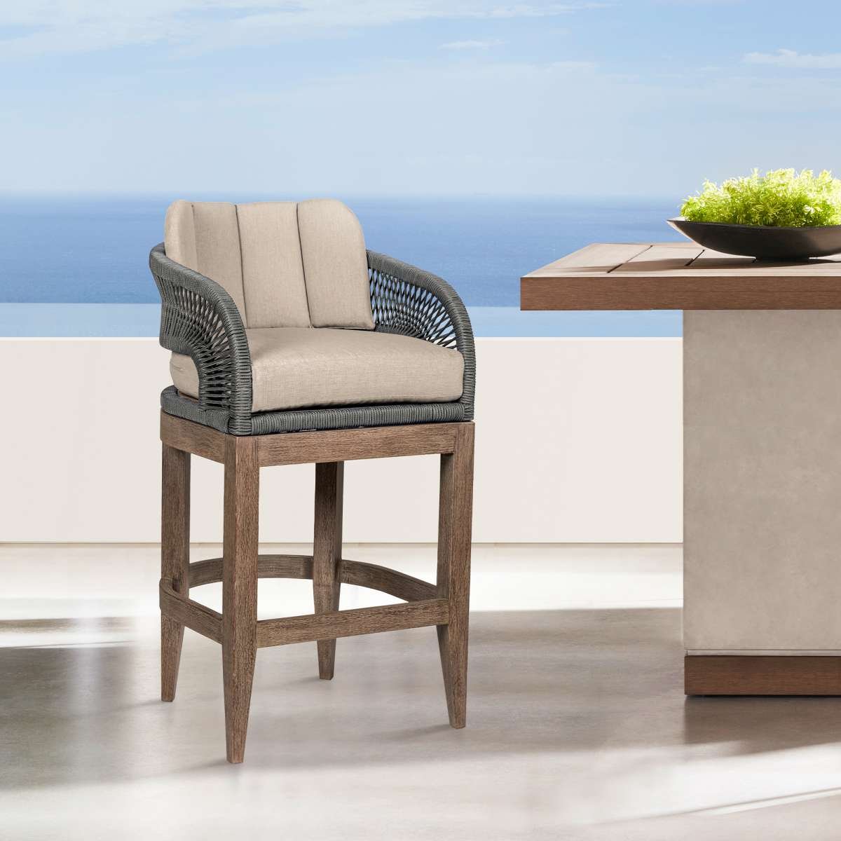Orbit Outdoor Patio 30" Bar Stool in Weathered Eucalyptus Wood with Gray Rope and Taupe Olefin Cushions By Armen Living | Bar Stools | Modishstore