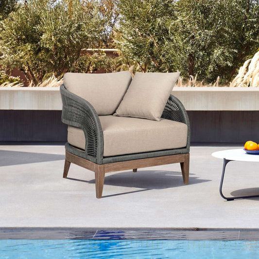 Orbit Outdoor Patio Chair in Weathered Eucalyptus Wood with Gray Rope and Taupe Olefin Cushions By Armen Living | Outdoor Chairs | Modishstore