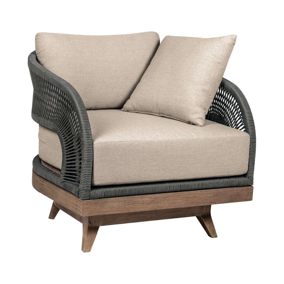 Orbit Swivel Outdoor Patio Chair in Weathered Eucalyptus Wood with Gray Rope and Taupe Olefin Cushions By Armen Living | Outdoor Chairs | Modishstore - 2