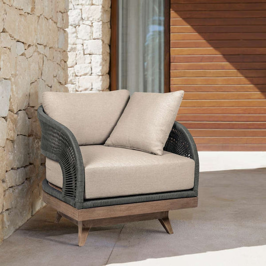 Orbit Swivel Outdoor Patio Chair in Weathered Eucalyptus Wood with Gray Rope and Taupe Olefin Cushions By Armen Living | Outdoor Chairs | Modishstore