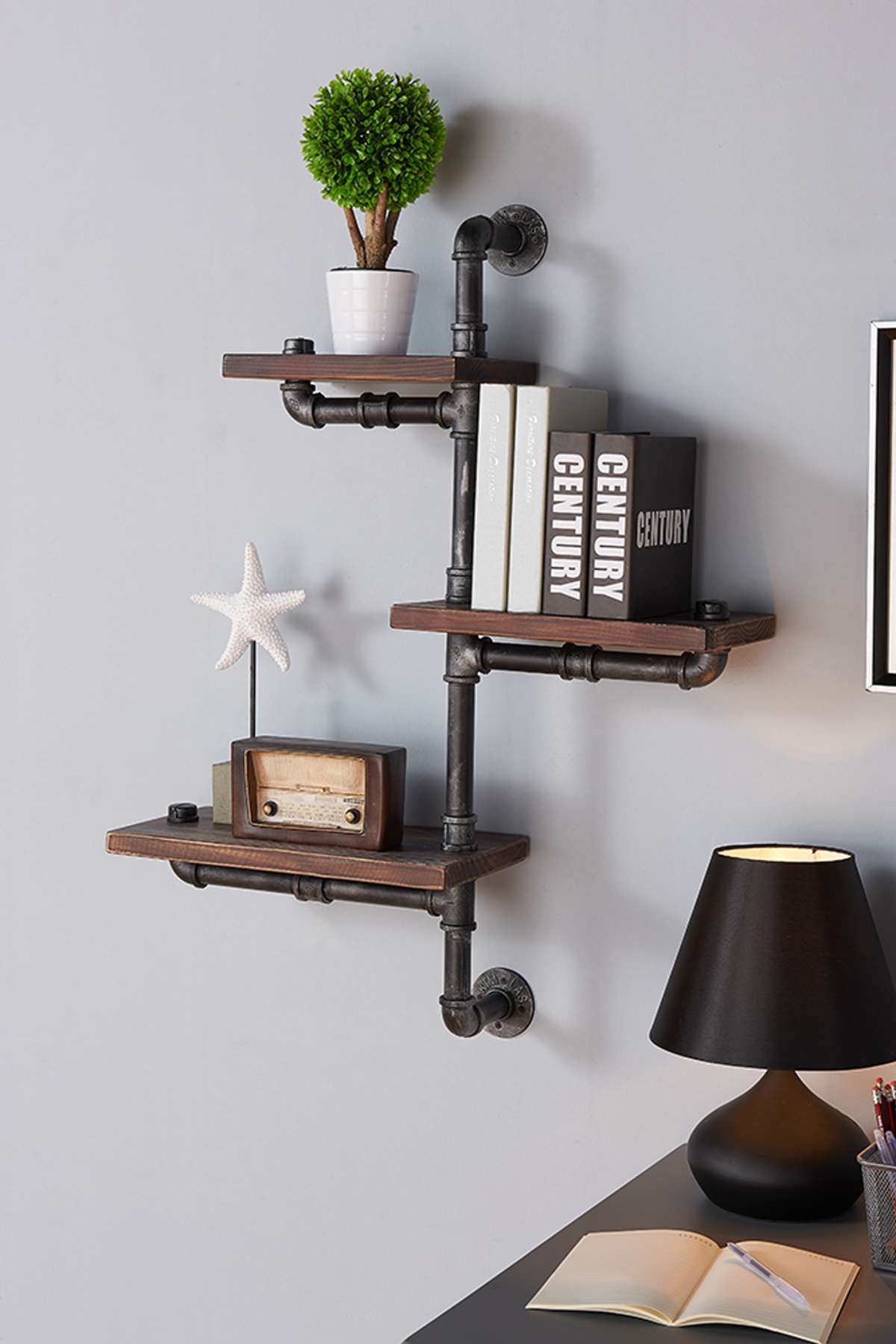30" Orton Industrial Pine Wood Floating Wall Shelf in Gray and Walnut Finish By Armen Living | Wall Shelf |  Modishstore 