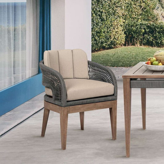 Orbit Outdoor Patio Dining Chair in Weathered Eucalyptus Wood with Gray Rope and Taupe Olefin Cushions By Armen Living | Outdoor Chairs | Modishstore