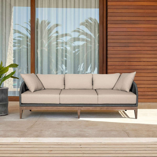 Orbit Outdoor Patio Sofa in Weathered Eucalyptus Wood with Gray Rope and Taupe Olefin Cushions By Armen Living | Outdoor Sofas, Loveseats & Sectionals | Modishstore