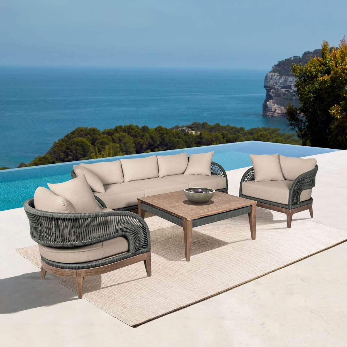 Orbit Outdoor Patio Sofa in Weathered Eucalyptus Wood with Gray Rope and Taupe Olefin Cushions By Armen Living | Outdoor Sofas, Loveseats & Sectionals | Modishstore - 2