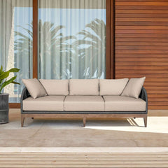 Orbit Outdoor Patio Sofa in Weathered Eucalyptus Wood with Gray Rope and Taupe Olefin Cushions By Armen Living