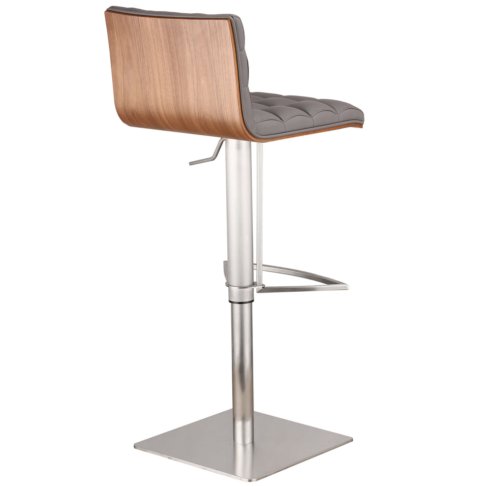Oslo Adjustable Brushed Stainless Steel Barstool in Gray Faux Leather with Walnut Back By Armen Living | Bar Stools | Modishstore - 3