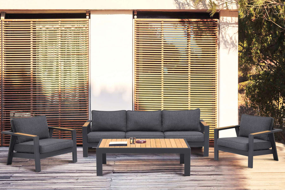 Palau Outdoor Sofa in Dark Grey with Natural Teak Wood Accent and Cushions By Armen Living | Outdoor Sofas, Loveseats & Sectionals |  Modishstore 