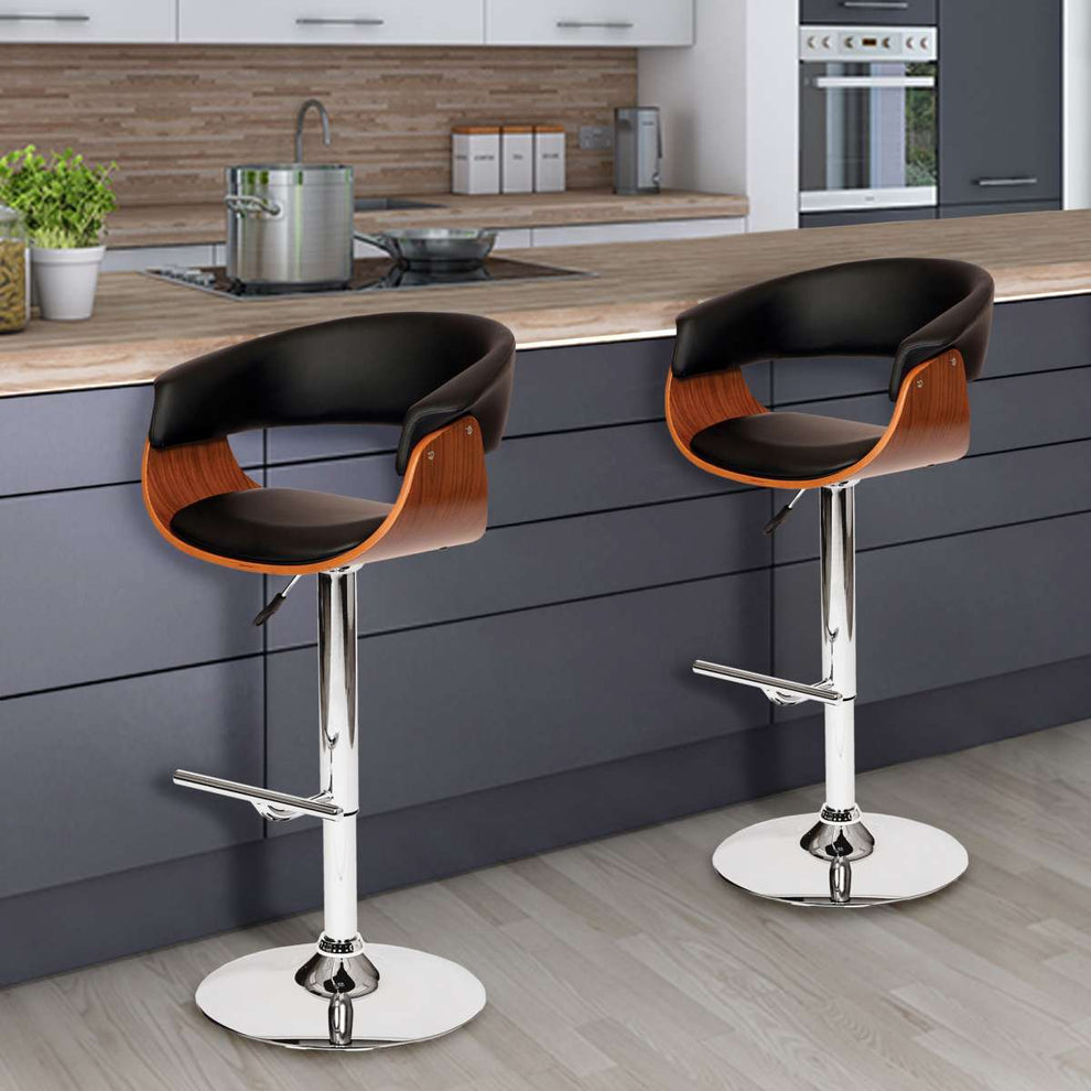 Paris Black Faux Leather Adjustable Height Swivel Walnut Wood and Chrome Bar Stool By Armen Living | Bar Stools | Modishstore