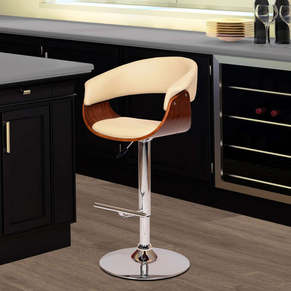Paris Black Faux Leather Adjustable Height Swivel Walnut Wood and Chrome Bar Stool By Armen Living | Bar Stools | Modishstore - 4