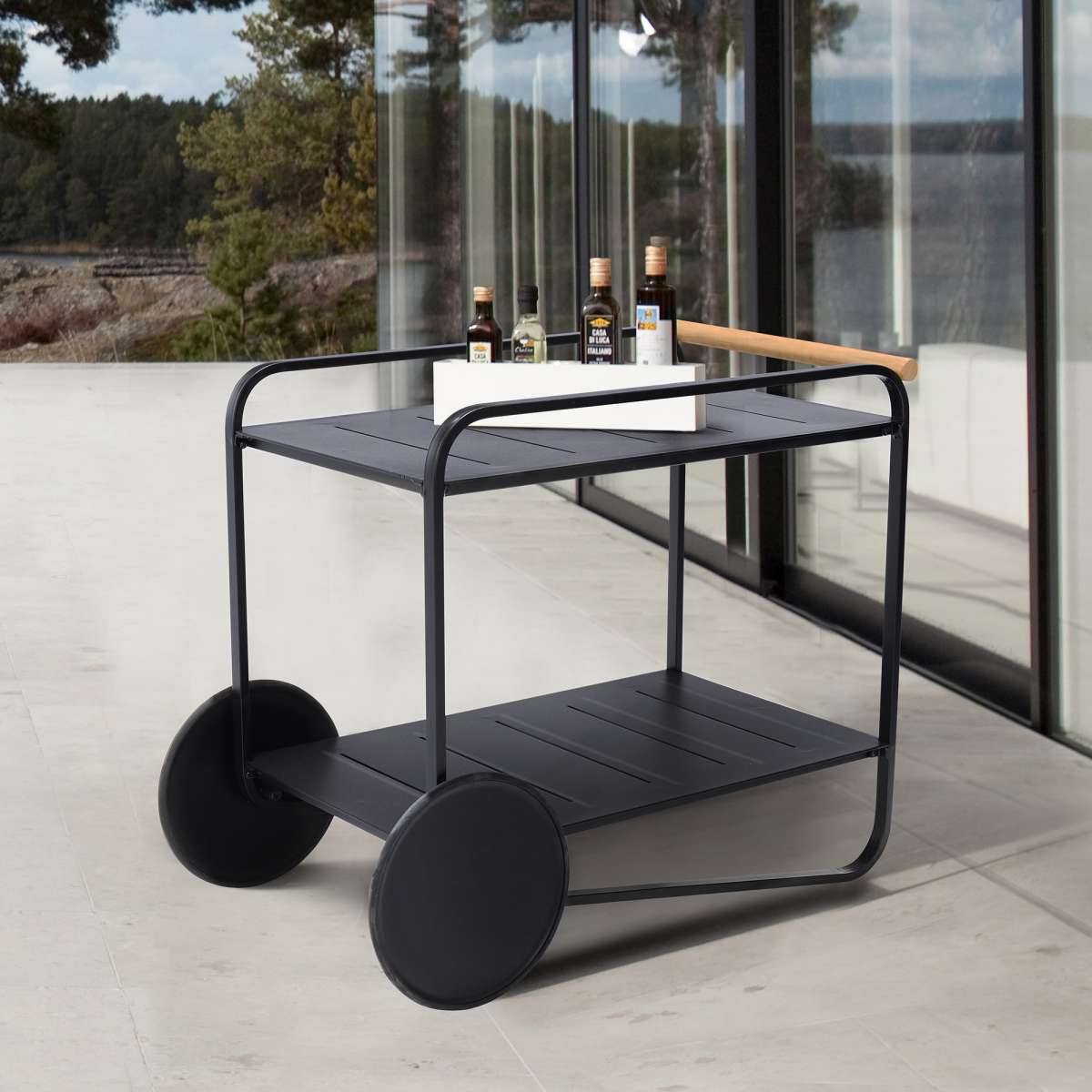 Portals Outdoor Accent Cart in Black Finish and Natural Teak Wood Accent By Armen Living | Outdoor Chairs |  Modishstore 