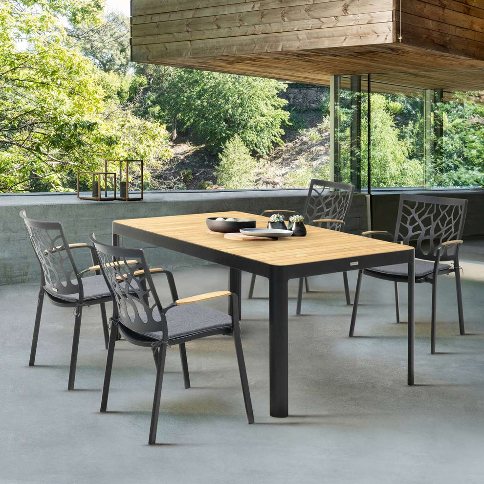 Portals Outdoor Patio Aluminum Chair in Black with Natural Teak Wood Accent-Set of 2 By Armen Living | Outdoor Chairs |  Modishstore 