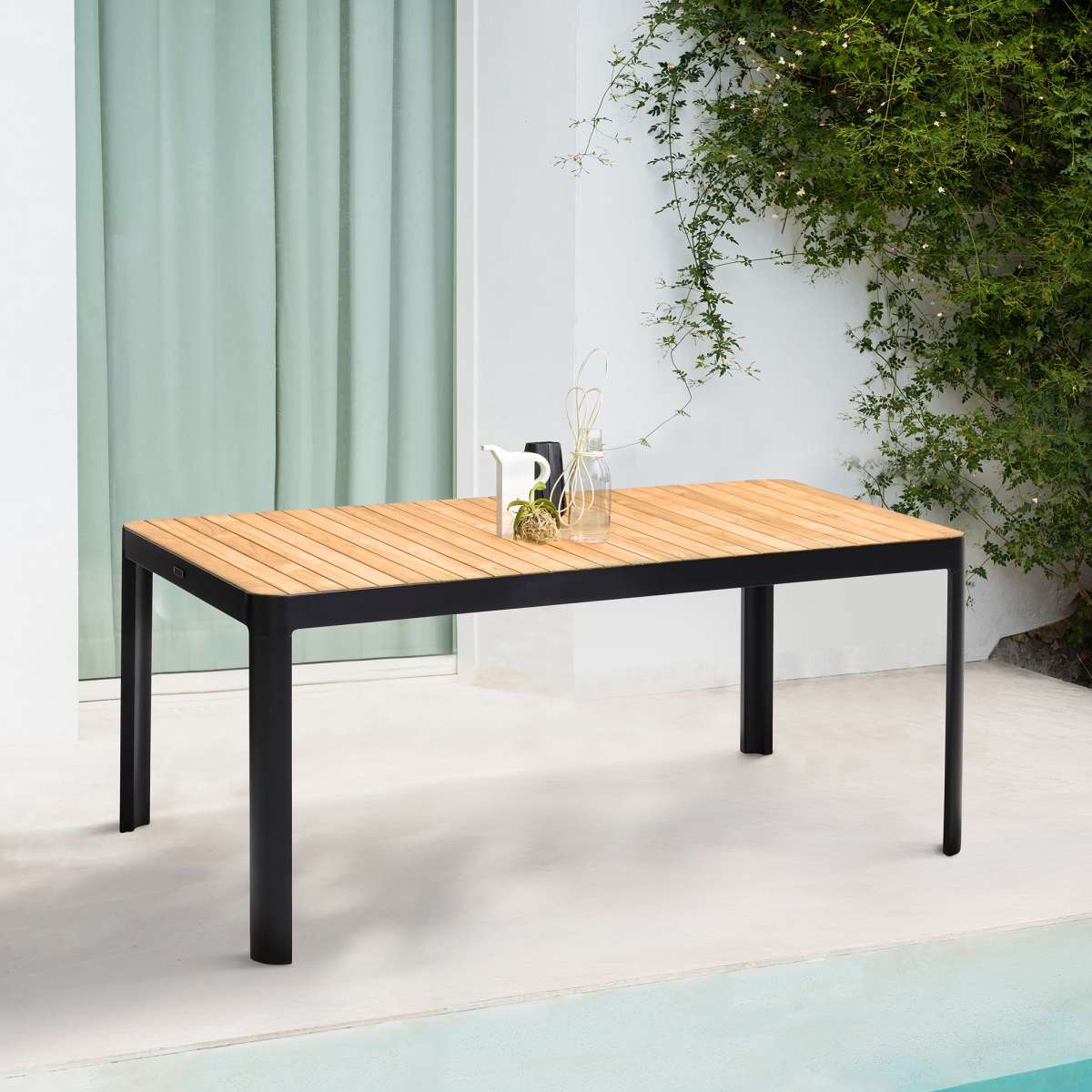 Portals Outdoor Rectangle Dining Table in Black Finish with Natural Teak Wood Top By Armen Living | Outdoor Tables |  Modishstore  - 7