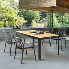 Portals Outdoor Rectangle Dining Table in Black Finish with Natural Teak Wood Top By Armen Living