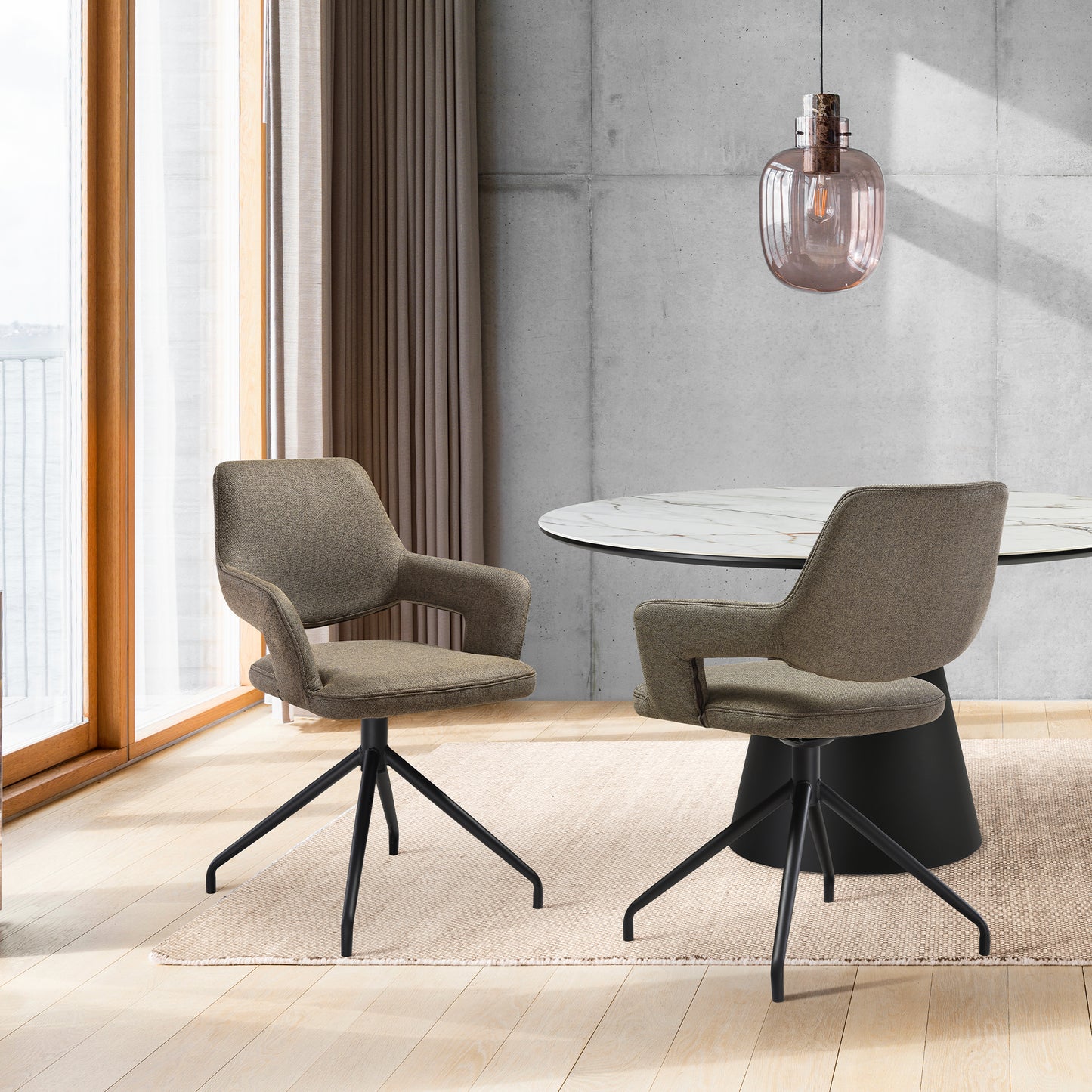 Penny Swivel Upholstered Dining Chair in Brown Fabric with Black Metal Legs - Set of 2 By Armen Living | Dining Chairs | Modishstore