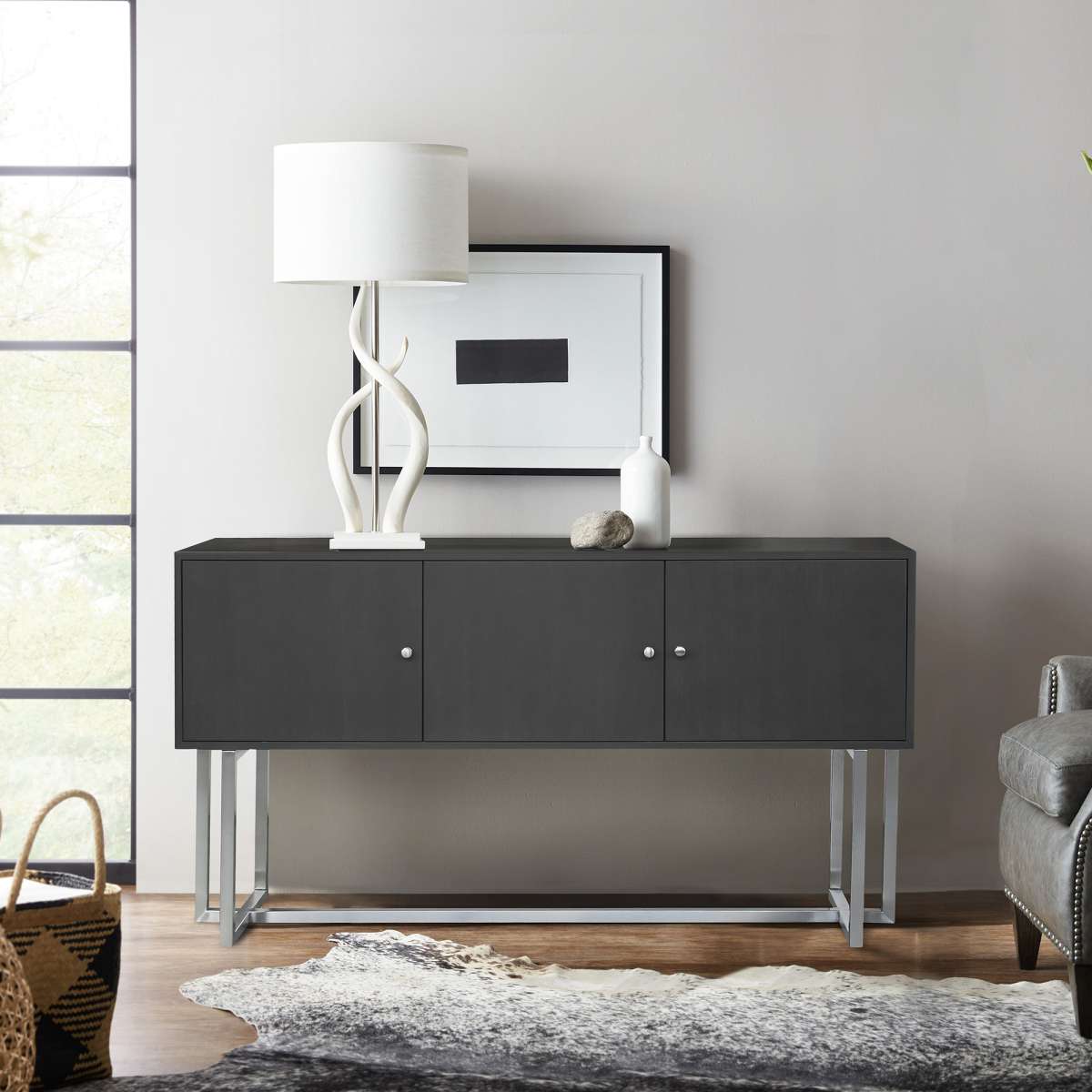 Prague Contemporary Buffet in Brushed Stainless Steel Finish and Gray Wood By Armen Living | Sideboards | Modishstore