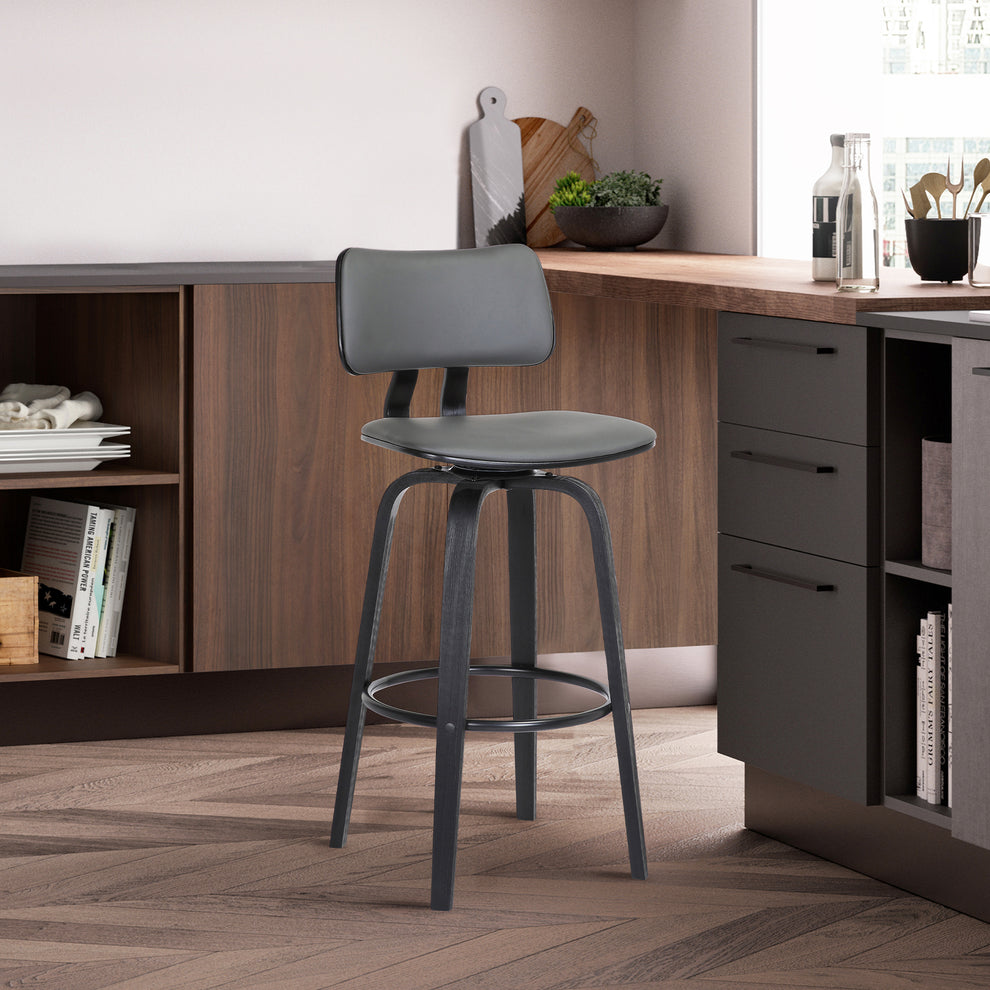 Pico 30" Swivel Black Wood Bar Stool in Grey Faux Leather with Black Metal By Armen Living | Bar Stools | Modishstore
