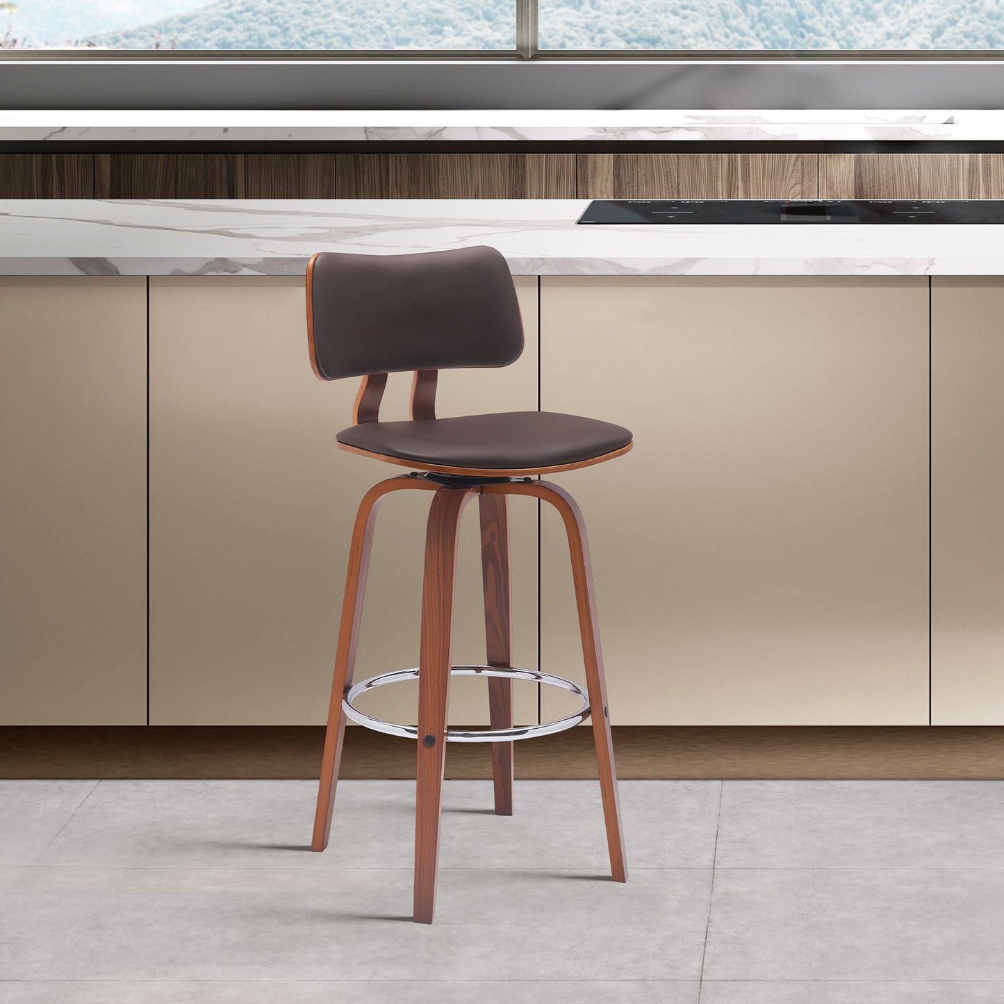 Pico 26" Swivel Walnut Wood Counter Stool in Gray Faux Leather with Chrome By Armen Living | Bar Stools | Modishstore - 17