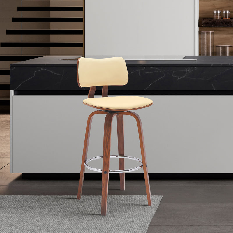 Pico 26" Swivel Walnut Wood Counter Stool in Gray Faux Leather with Chrome By Armen Living | Bar Stools | Modishstore - 9