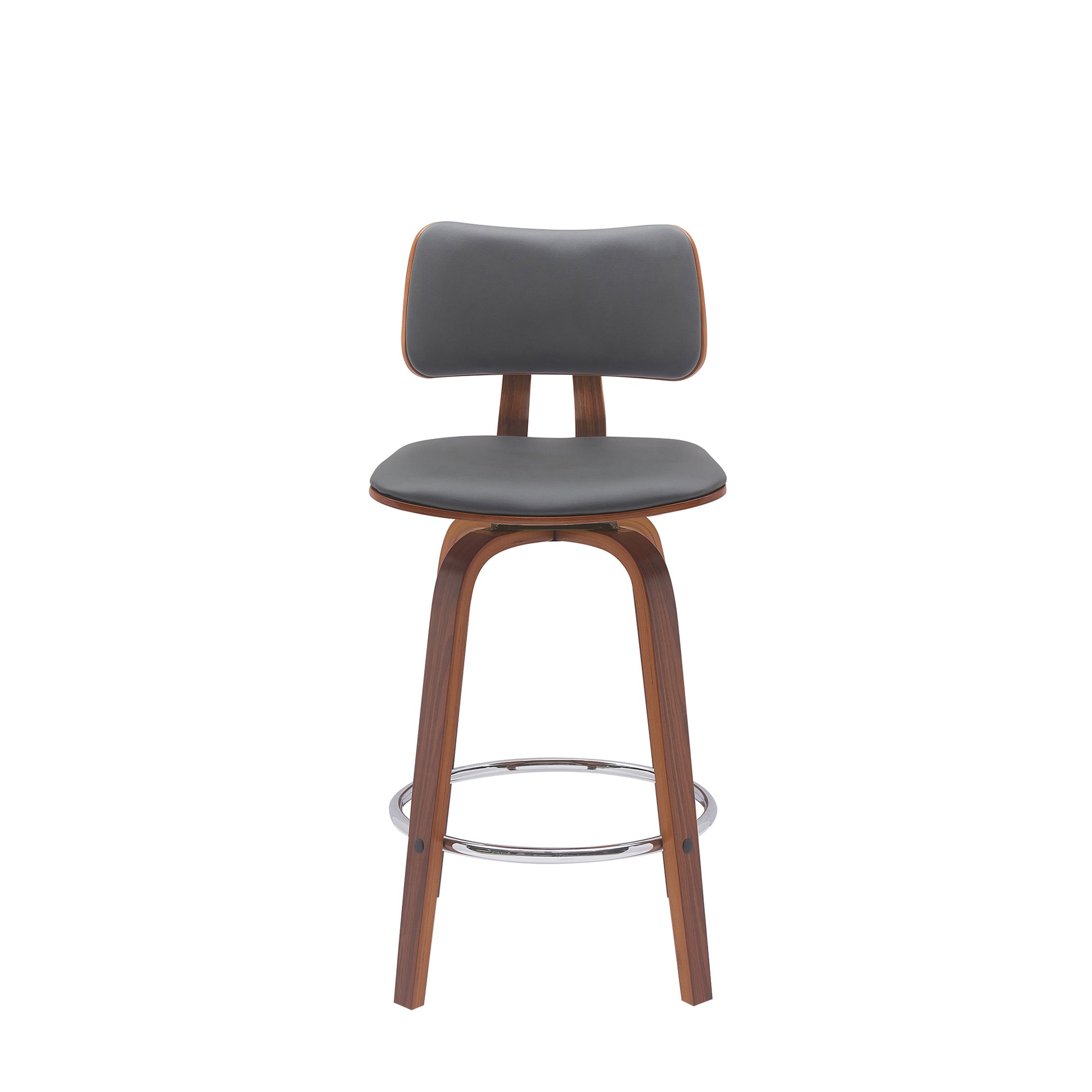 Pico 26" Swivel Walnut Wood Counter Stool in Gray Faux Leather with Chrome By Armen Living | Bar Stools | Modishstore - 3