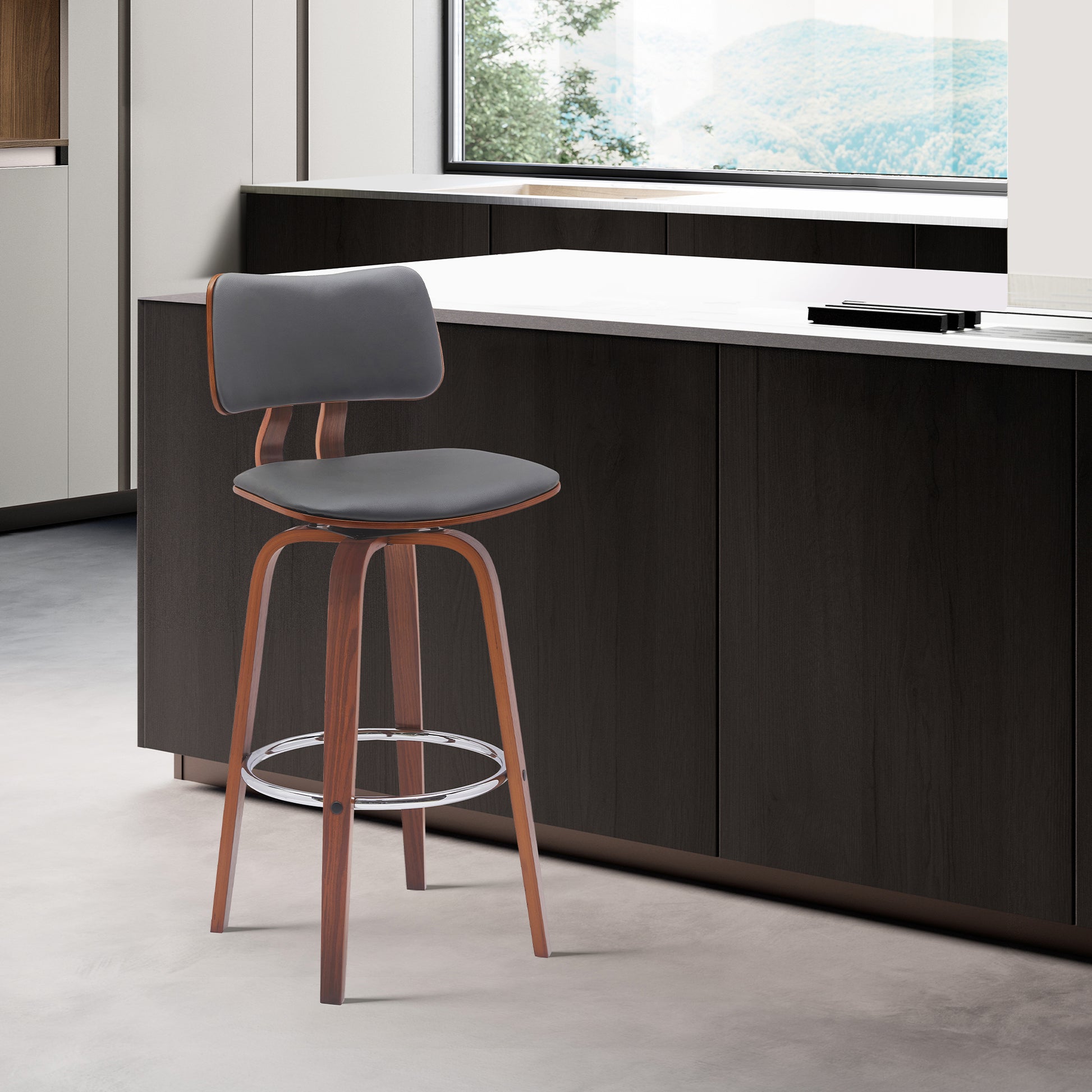 Pico 26" Swivel Walnut Wood Counter Stool in Gray Faux Leather with Chrome By Armen Living | Bar Stools | Modishstore