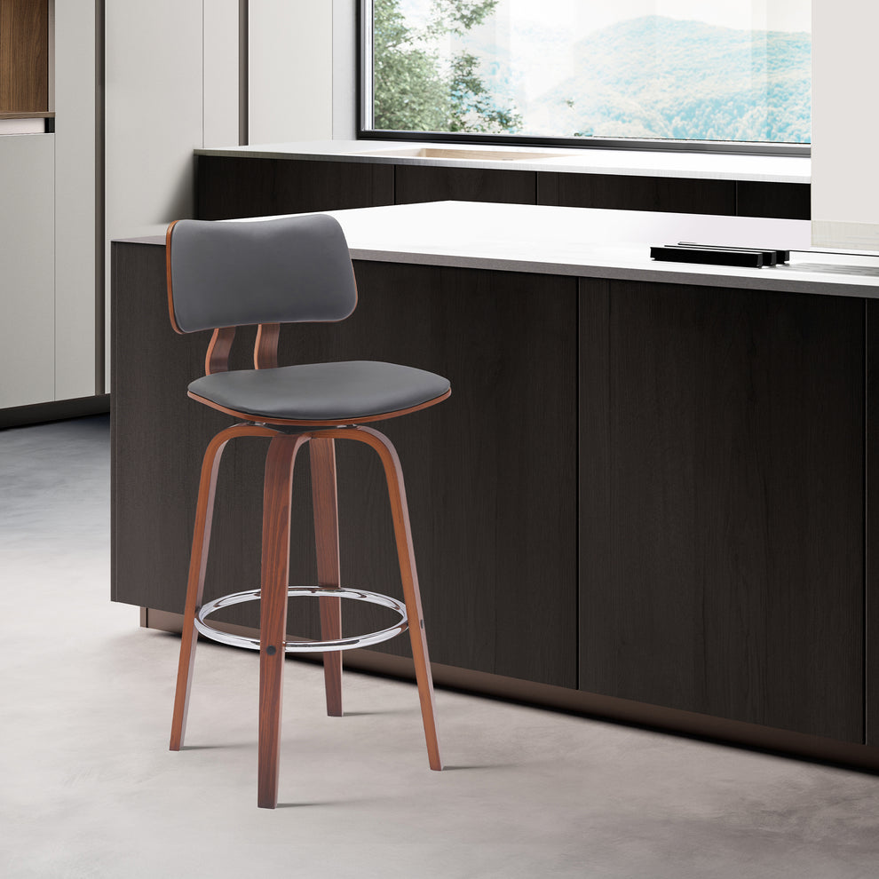 Pico 26" Swivel Walnut Wood Counter Stool in Gray Faux Leather with Chrome By Armen Living | Bar Stools | Modishstore