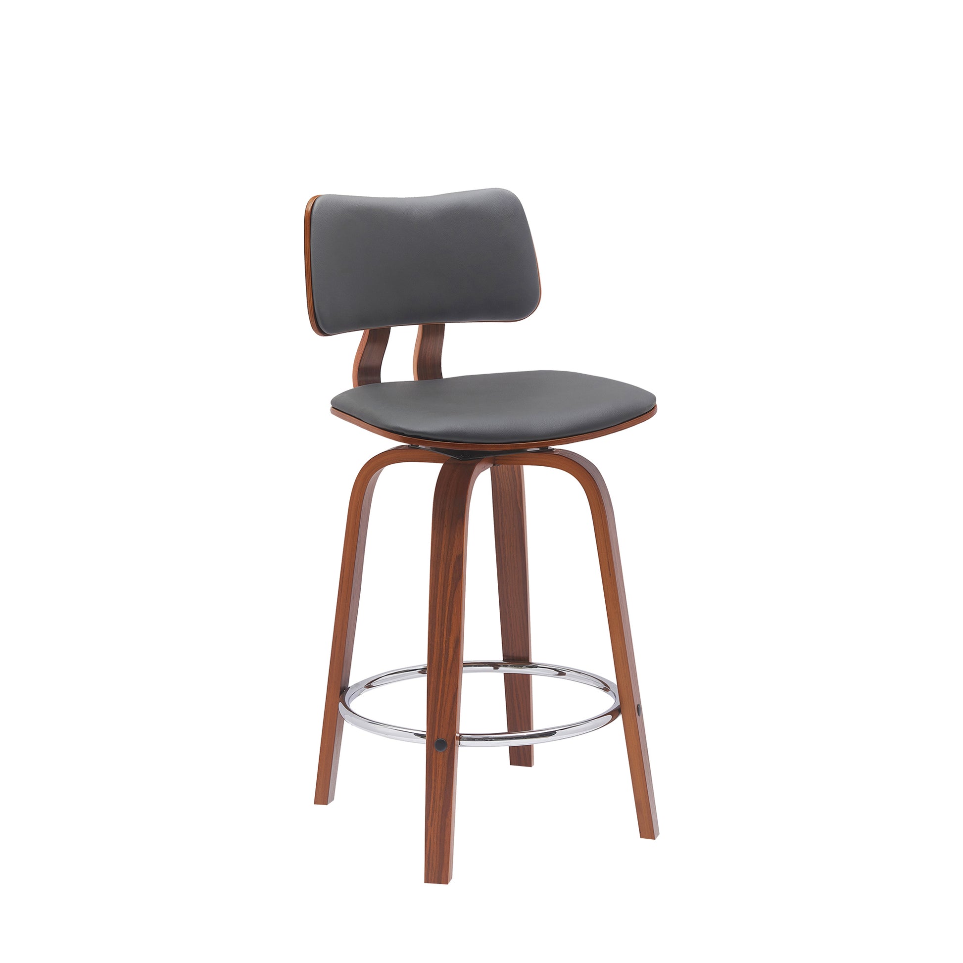 Pico 26" Swivel Walnut Wood Counter Stool in Gray Faux Leather with Chrome By Armen Living | Bar Stools | Modishstore - 2