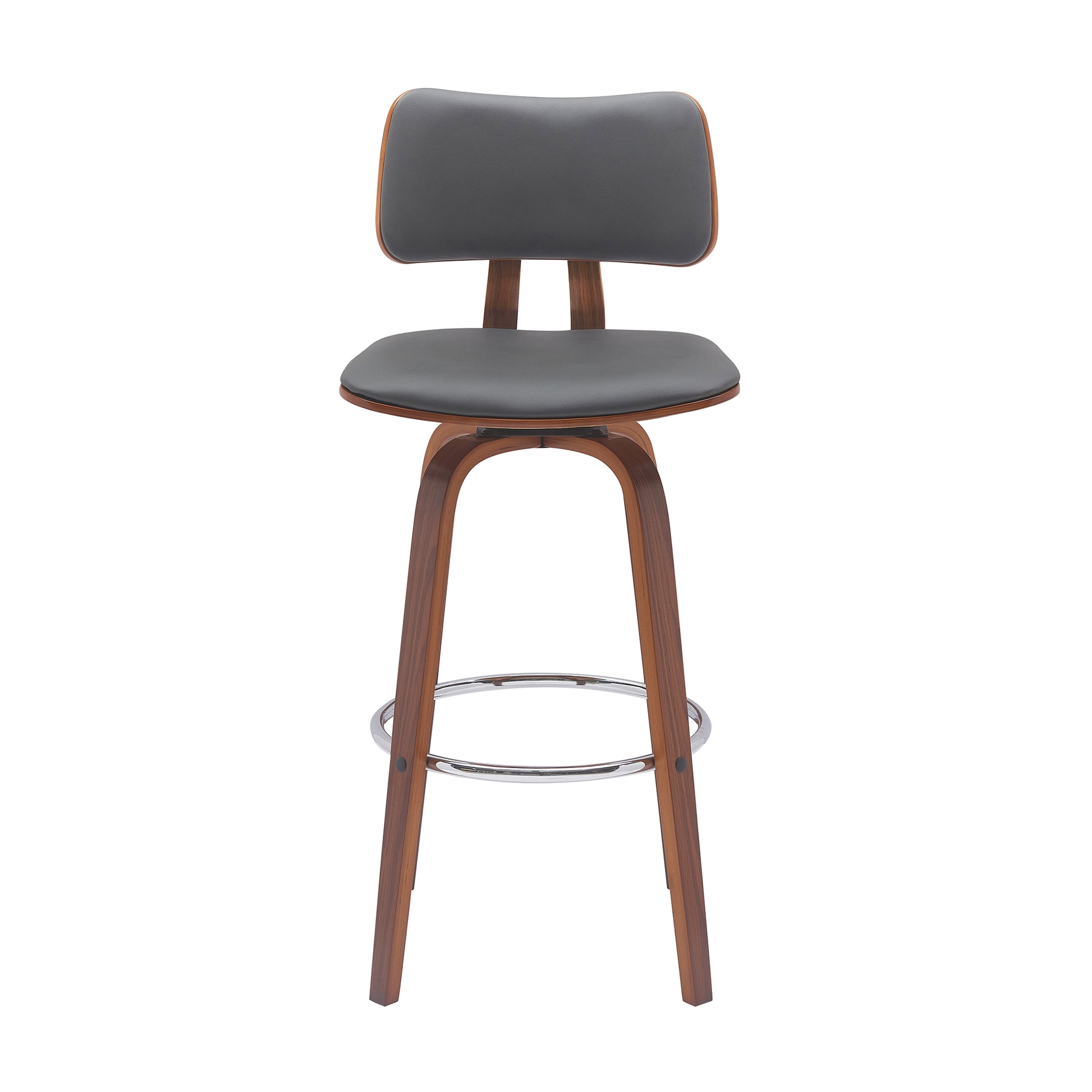 Pico 30" Swivel Walnut Wood Bar Stool in Gray Faux Leather with Chrome By Armen Living | Bar Stools | Modishstore - 3
