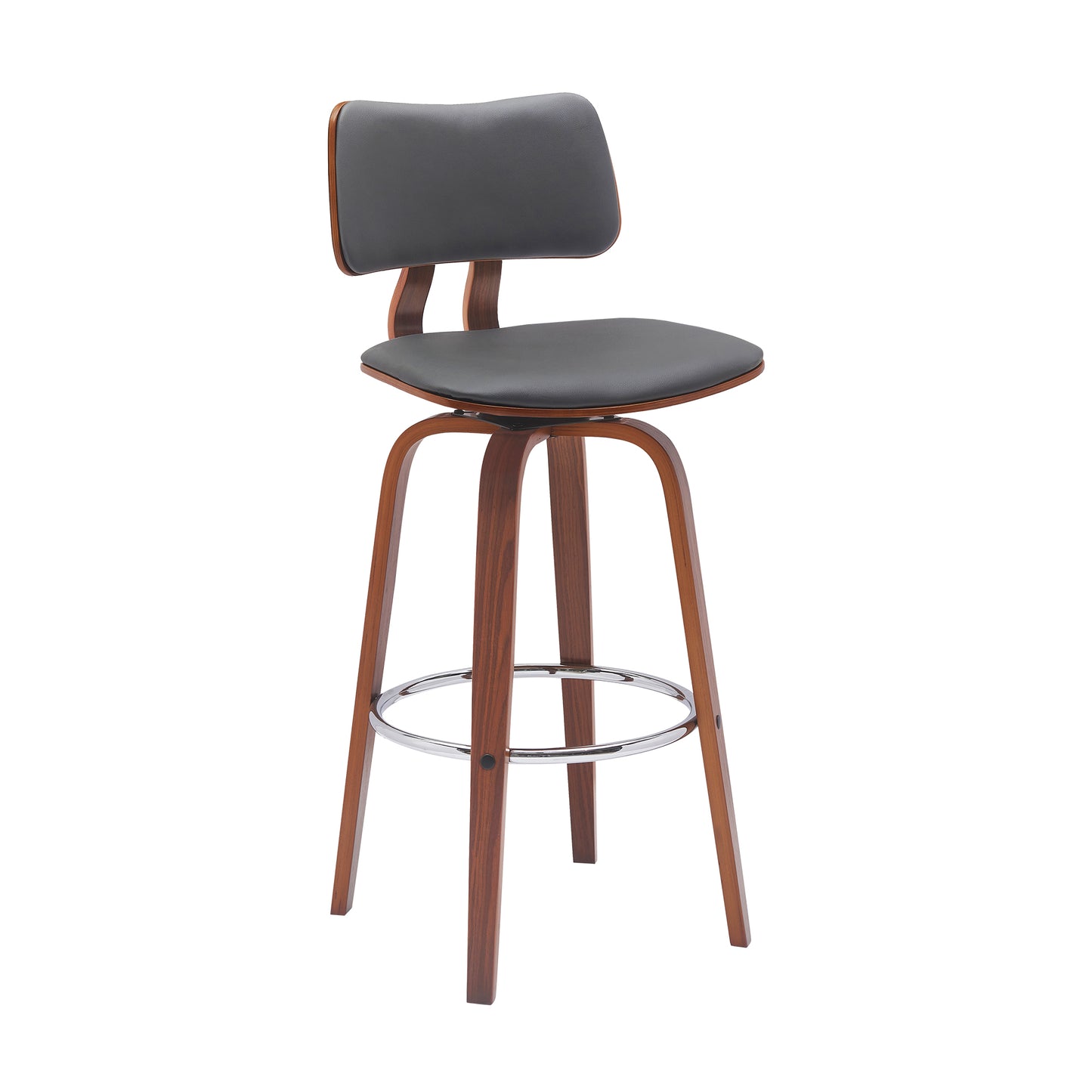 Pico 30" Swivel Walnut Wood Bar Stool in Gray Faux Leather with Chrome By Armen Living | Bar Stools | Modishstore - 2