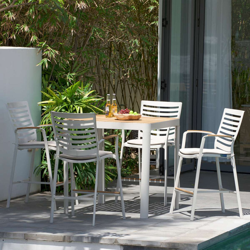 Portals Outdoor Patio Aluminum Barstool in Light Matte Sand with Natural Teak Wood Accent By Armen Living | Bar Stools |  Modishstore 